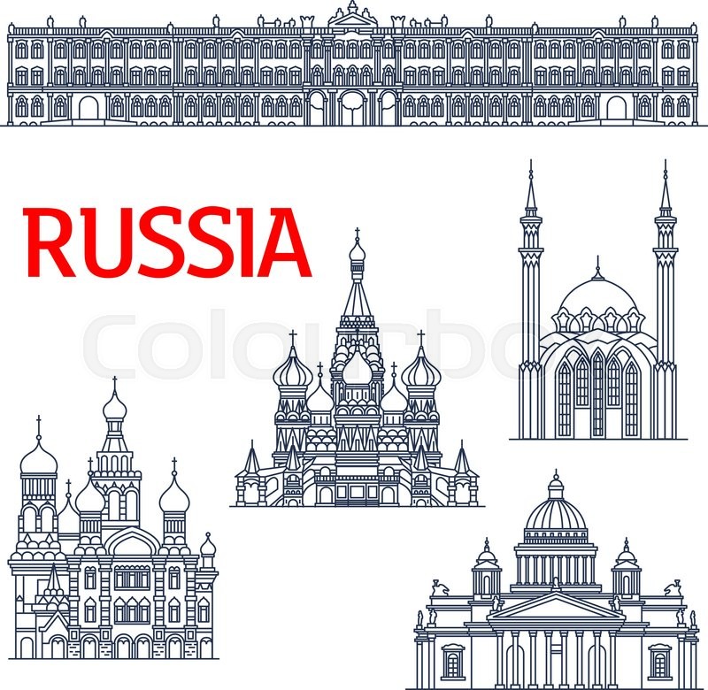 800x780 Thin Line Landmarks For Tourism Or Travel In Russia. Sketch Of - Russia Sketch