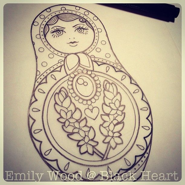 612x612 Script, Russian Dolls, Skulls, And Black Heart Tattoo - Russian Doll Sketch