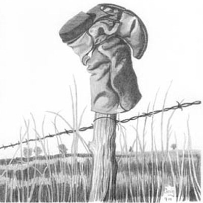 400x400 Fence Post Amp Old Boot Pencil Sketch - Rustic Sketch