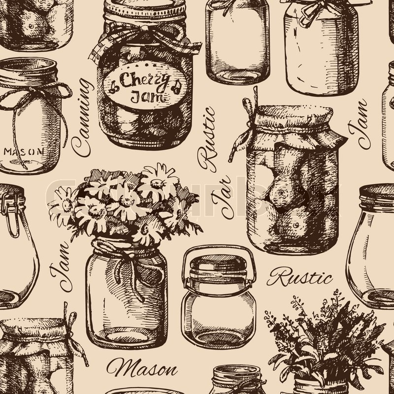 800x800 Rustic, Mason And Canning Jar. Vintage Hand Drawn Sketch Seamless - Rustic Sketch