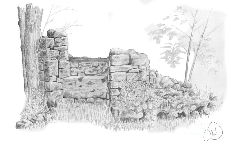 900x574 Rustic Stone Well Drawing By Rod Jones - Rustic Sketch