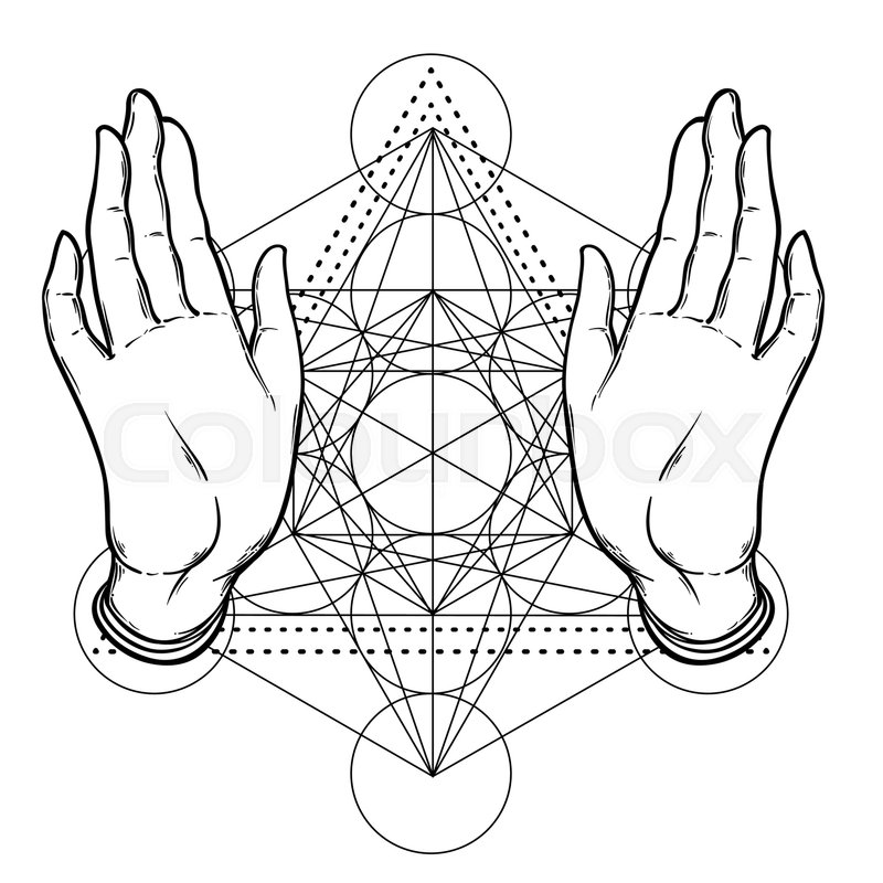 800x800 Open Hands Over Sacred Geometry, Metatrons Cube, Flower Of Life - Sacred Geometry Sketch