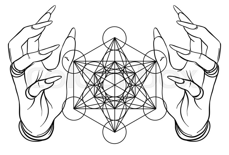 800x542 Vintage Style Human Hands With Sacred Geometry Symbols. Dotwork - Sacred Geometry Sketch