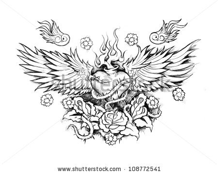 450x358 Sacred Heart With Roses And Sparrows Tattoo Sketch - Sacred Heart Sketch