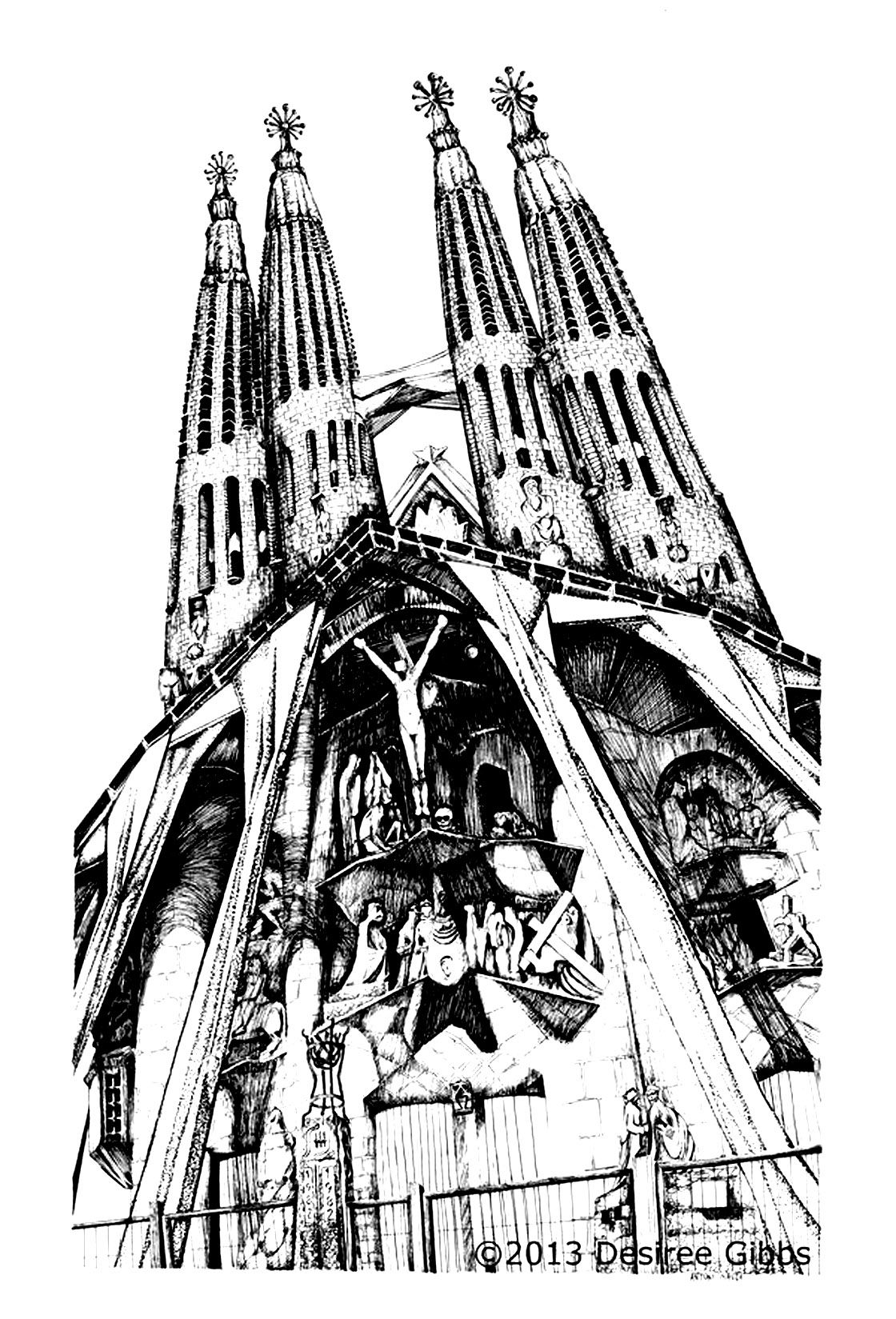 1120x1649 Free Coloring - Sagrada Familia Sketch