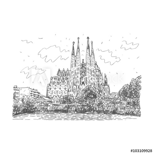 500x500 Sagrada Familia Temple In Barcelona, Spain. Drawn Pencil Sketch - Sagrada Familia Sketch