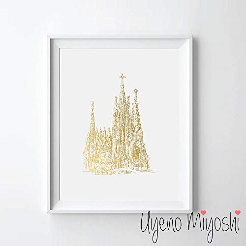 500x500 Sagrada Familia Hand Sketch Gold Foil Art Print - Sagrada Familia Sketch