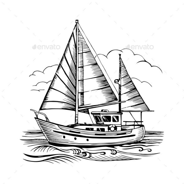 590x590 Sailing Boat Vector Sketch Isolated With Clouds By Artroma - Sailboat Sketch