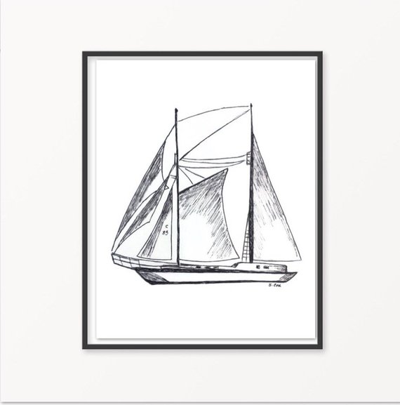 570x577 Sailboat Drawing Sketch Artwork Pen And Ink Nautical Sketch Etsy - Sailboat Sketch Images