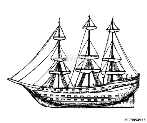 500x417 Ship Vintage Wooden With Sails Vector Sketch. Hand Drawing - Sailing Ship Sketch