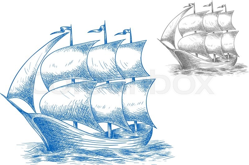 800x529 Vintage Sail Ship In Ocean Under Full Sail With Flags On Masts - Sailing Ship Sketch