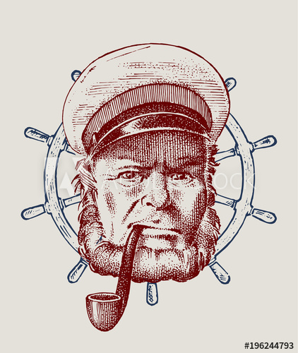 422x500 Sea Captain And Steering Wheel, Marine Old Sailor With Pipe Or - Sailor Sketch