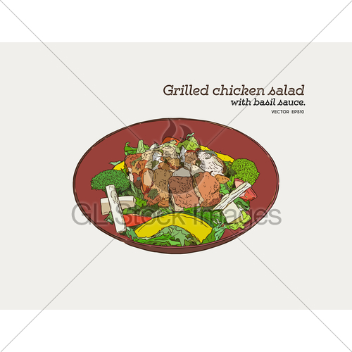 500x500 Grilled Chicken Salad With Pesto Sauce. Hand Draw Sketch Gl - Salad Sketch