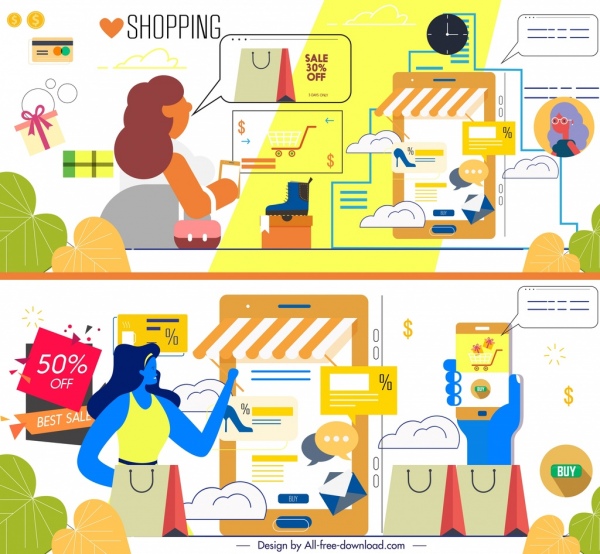 600x554 Shopping Background Templates Sales Design Elements Cartoon Sketch - Sales Sketch