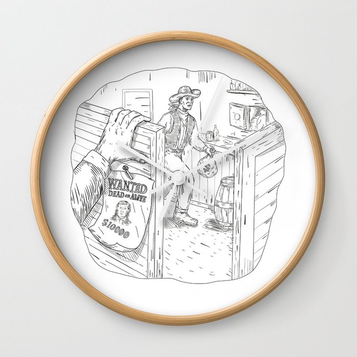 700x700 Cowboy Robbing Saloon Drawing Wall Clock By Patrimonio Society6 - Saloon Sketch
