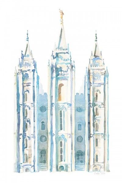 400x600 Salt Lake City Temple Watercolor In Blue, By Tausha Coates My - Salt Lake City Temple Sketch