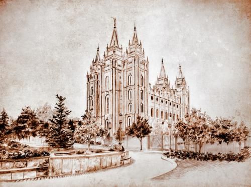 500x373 Salt Lake Temple Sketch Burgundy Tones By Brent Borup Lds - Salt Lake Temple Sketch