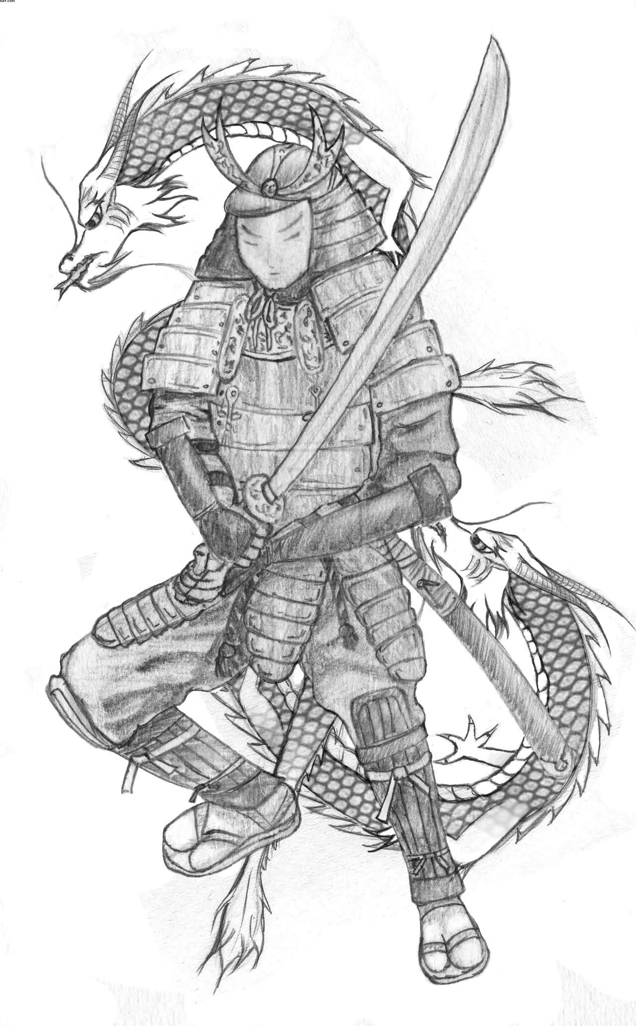 Эскиз тату Самурай с драконом