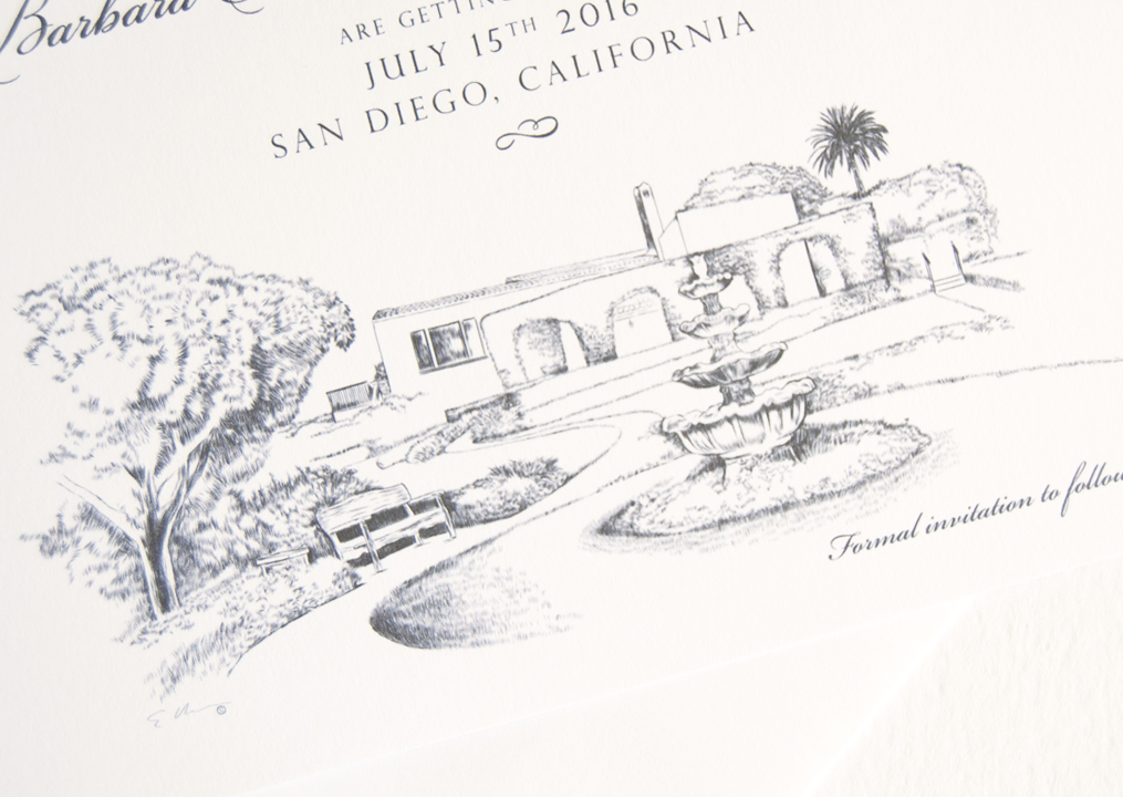 1015x720 Thursday Club, San Diego Skyline Save The Date Cards - San Diego Skyline Sketch