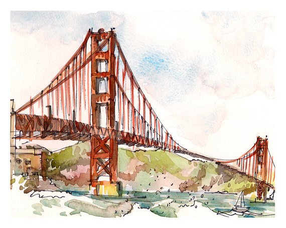 570x456 San Francisco Golden Gate Bridge California Print Of A Etsy - San Francisco Bridge Sketch