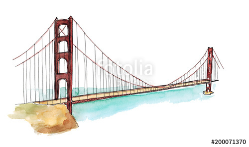 500x297 Watercolor Hand Drawn Architecture Sketch Illustration Of Golden - San Francisco Bridge Sketch