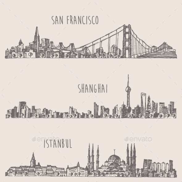 590x590 Shanghai Istanbul San Francisco City Sketch By Gropgrop Graphicriver - San Francisco Skyline Sketch