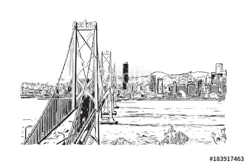500x331 Sketch Of Golden Gate Bridge, San Francisco, California, Usa In - San Francisco Skyline Sketch