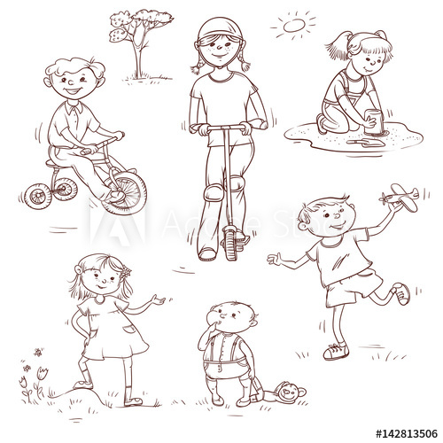 500x500 Vector Set Of Sketch Illustration Of Active Children Playing - Sandbox Sketch