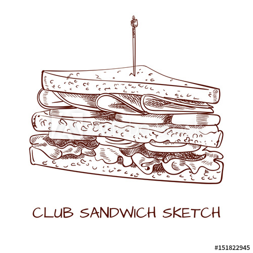 500x500 Club Sandwich Outline Drawing. Vector Sketch. Black Lines - Sandwich Sketch