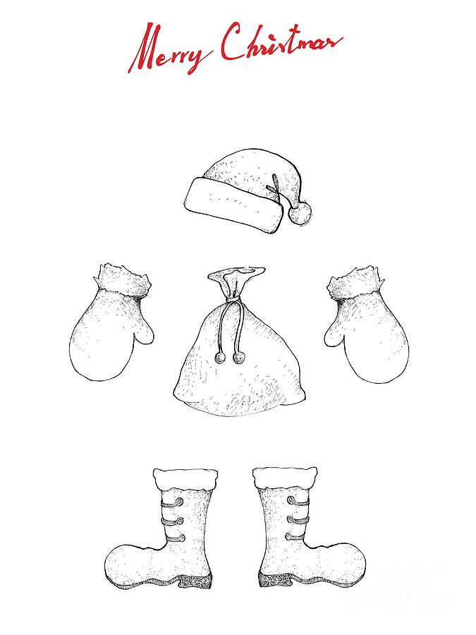 675x900 Illustration Hand Drawn Sketch Of Santa Clause Hat, Boot, Bag And - Santa Claus Hat Sketch
