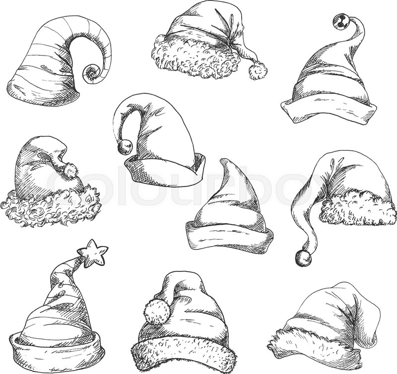 800x754 Santa Hats Vector Pencil Sketch Icons. New Year And Christmas - Santa Hat Sketch
