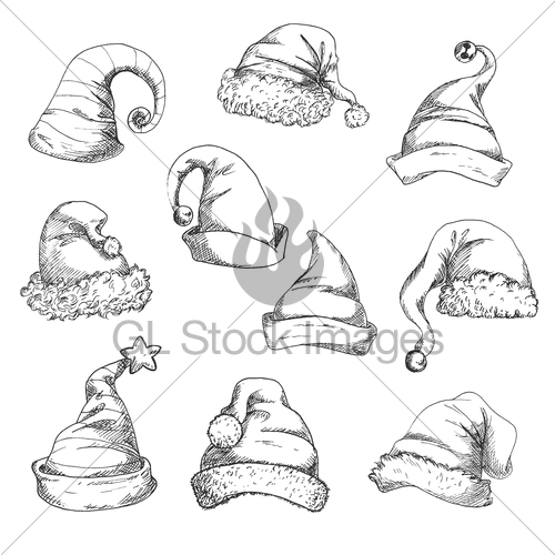 500x500 Santa Hats Pencil Sketch Icons Gl Stock Images - Santa Pencil Sketch