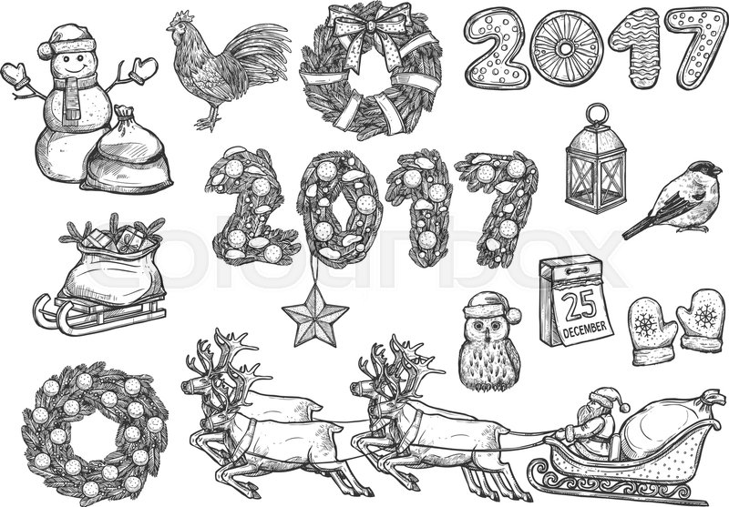 800x557 Christmas, New Year Isolated Sketch Icons Set. Vector Rooster Cock - Santa Sleigh Sketch