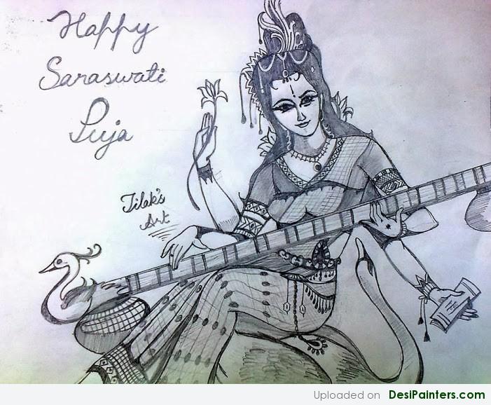701x578 Pencil Sketch Of Goddess Saraswati - Saraswati Sketch
