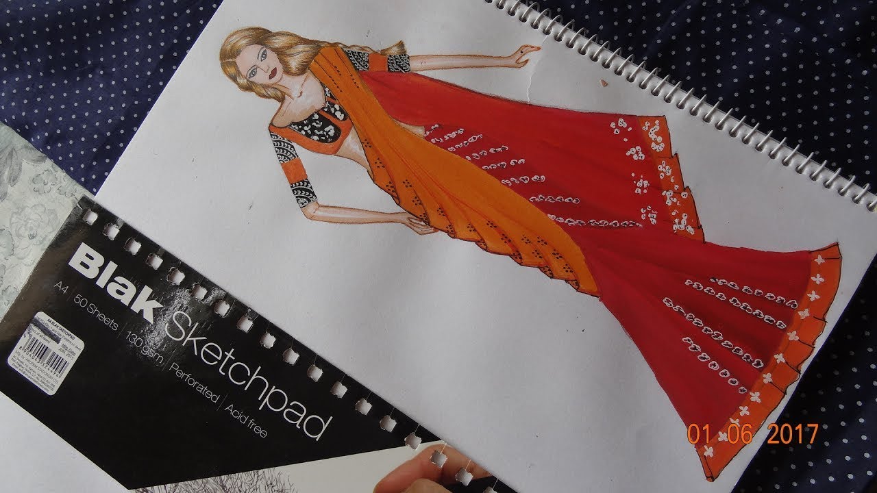1280x720 Saree Sketch Using Poster Colour - Saree Sketches