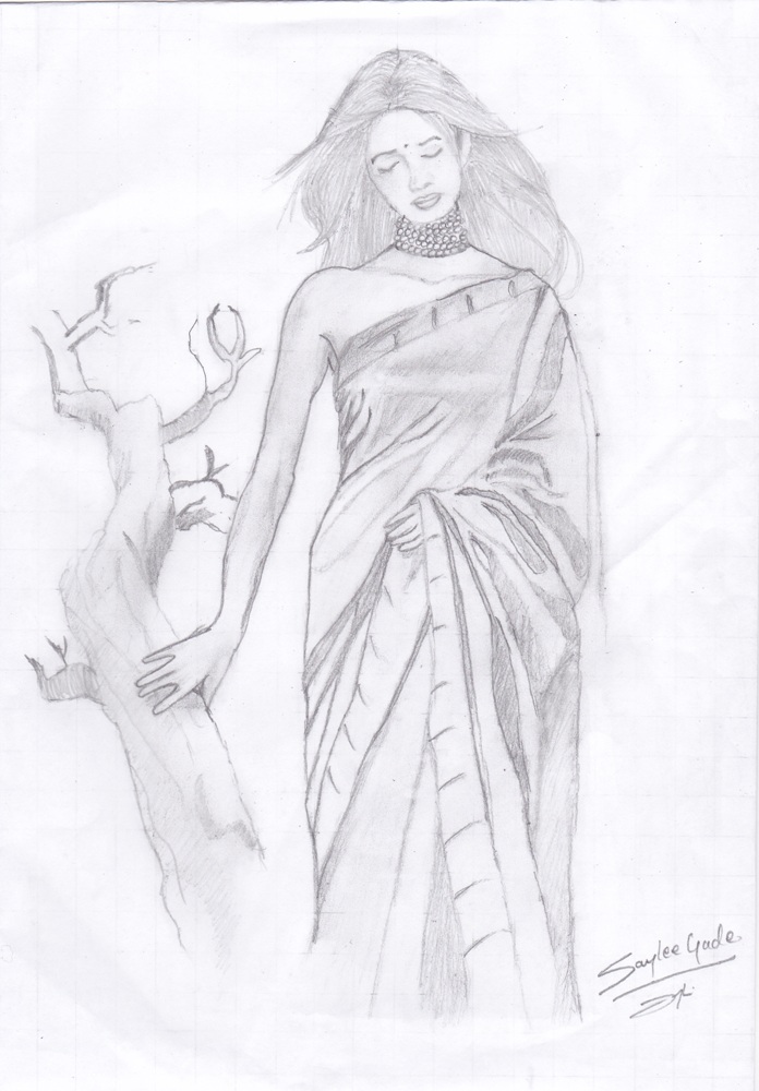 696x1000 Sketch Of Beautiful Woman In Saree - Sari Sketch