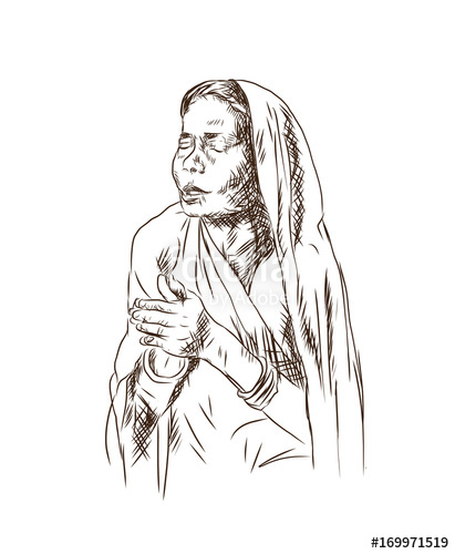 411x500 Sketch Of Hindu Prayer Lady With Sari In Vector Illustration - Sari Sketch