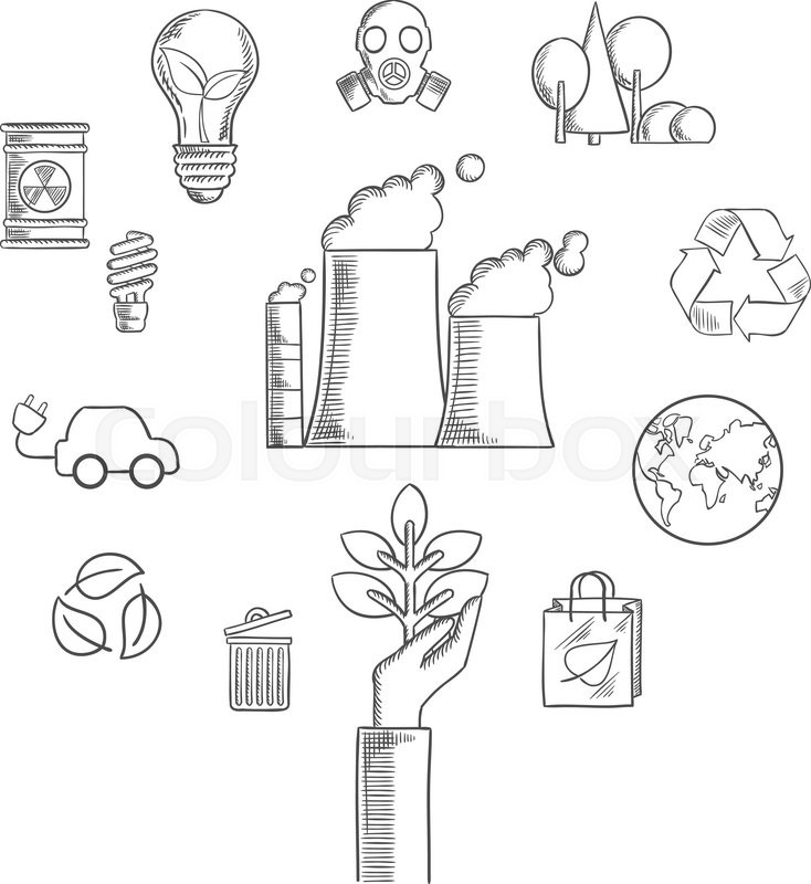 734x800 Environment And Ecological Conservation Sketched Icons With - Save Electricity Sketch