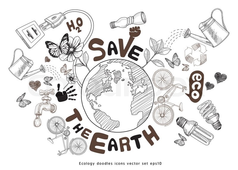 800x572 Green World Drawing Concept. Save The Earth. Ecology Doodles Icons - Save Electricity Sketch