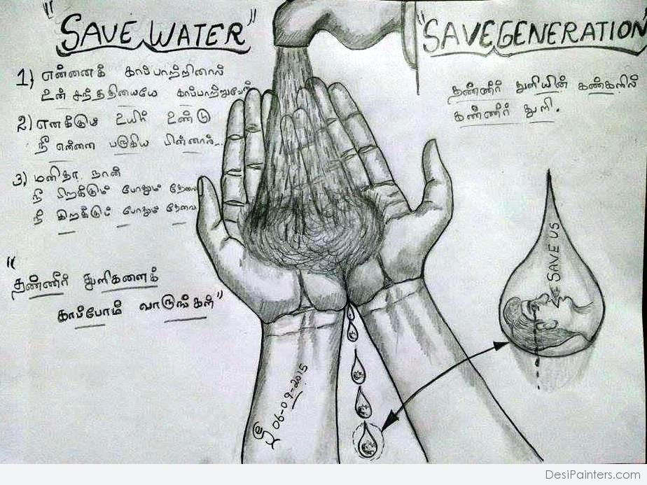 924x693 Pencil Sketch Of Save Water Drops - Save Sketch