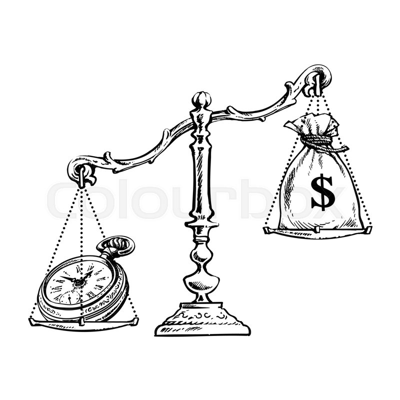 800x800 Time Is Money Concept. Sack Of Dollars And Old Pocket Watch - Scale Sketch