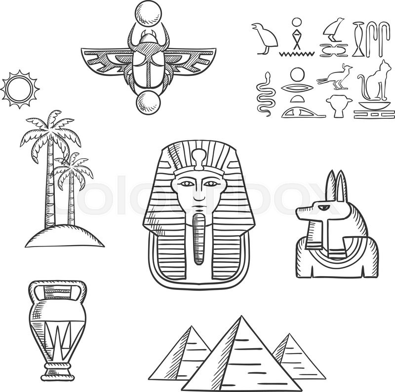 800x795 Egypt Travel And Culture Icons With Giza Pyramids, Pharaoh Golden - Scarab Sketch
