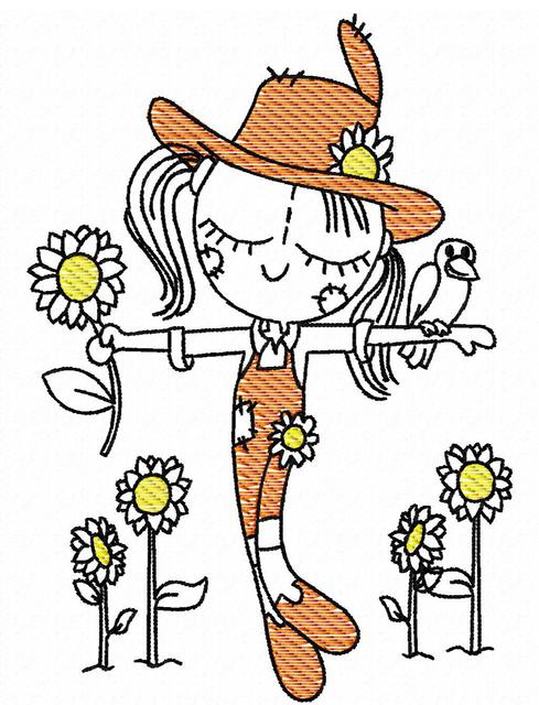489x640 Swirly Girl Scarecrow Sketch Machine Embroidery Design - Scarecrow Sketch