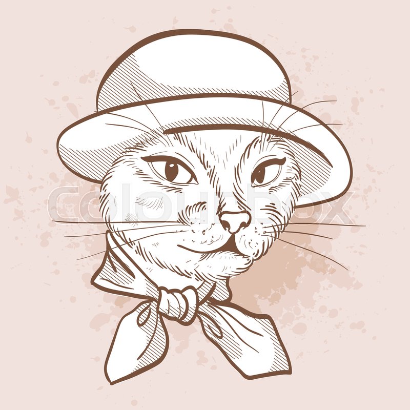 800x800 Vector Sketch Of Elegant Cat Womans Face With Hat And Scarf - Scarf Sketch