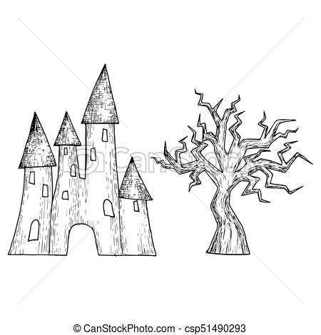 450x470 Halloween Castle Illustration. Castle And Tree, Scary Halloween - Scary Tree Sketch