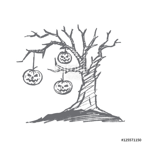 500x500 Vector Hand Drawn Halloween Concept Sketch. Three Pumpkins With - Scary Tree Sketch