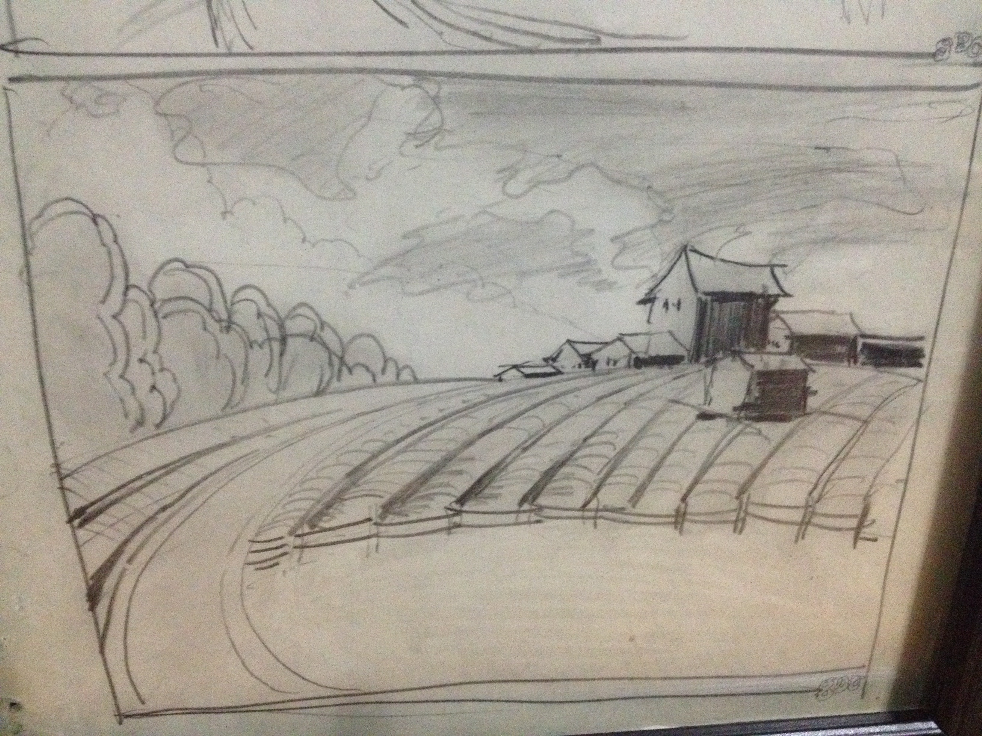 3264x2448 George Demont Otis Double Farm Scene Sketch 1920s Initialed - Scene Sketch