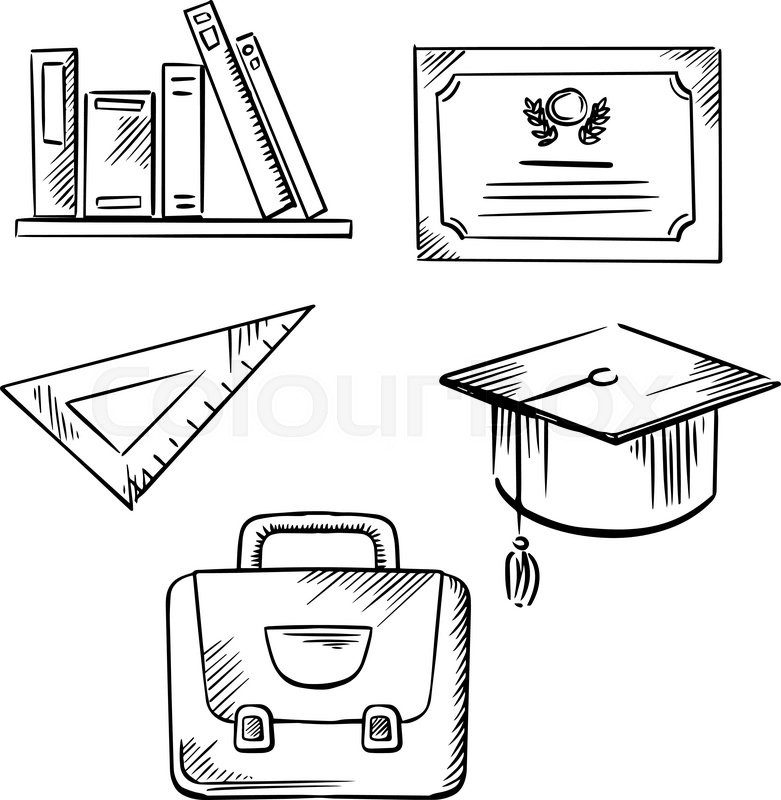 781x800 Graduation Diploma And Cap, School Bag, Triangle Ruler And Books - School Bag Sketch