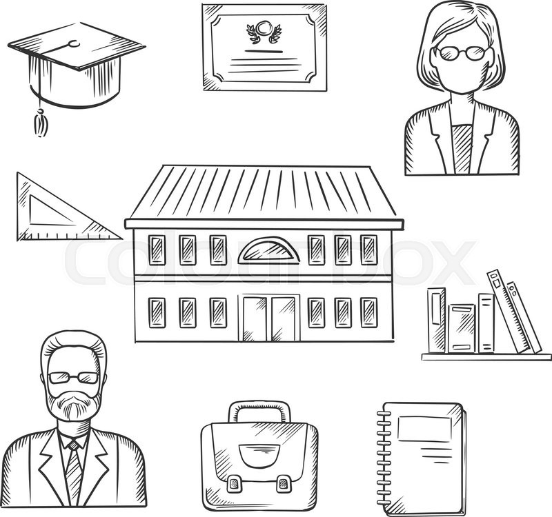 800x750 School Education Sketch Design With A School Building Surrounded - School Building Sketch