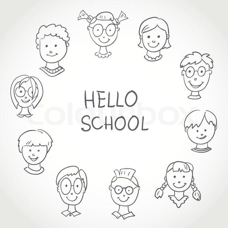 800x800 Hello School. Kids Face Set Sketch Stock Vector Colourbox - School Children Sketch